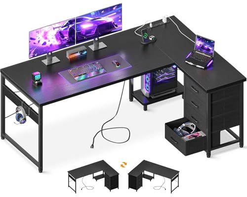 L-Shaped Desk with 4 Drawers & Hooks
