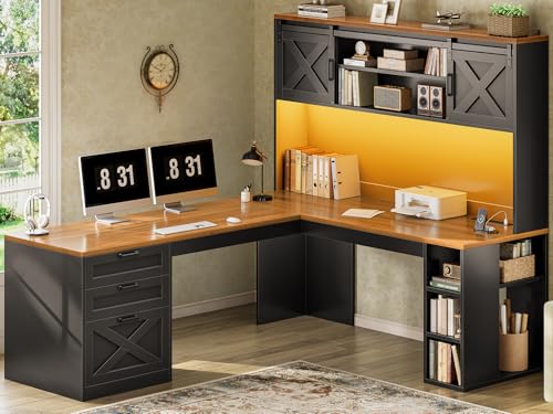 Farmhouse L-Shaped Desk with Hutch